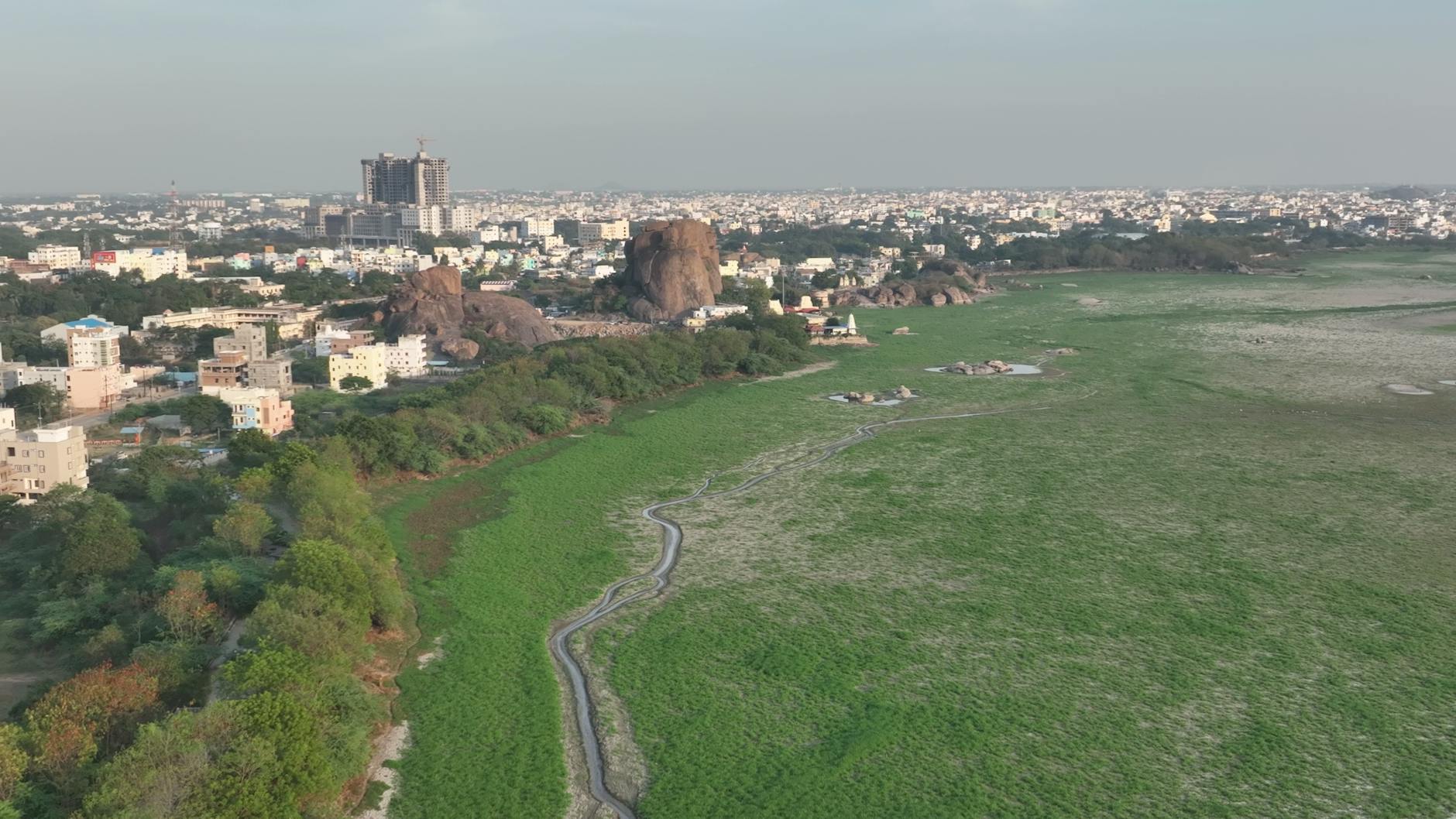 A stunning aerial view of a city landscape with lush greenery and buildings under a clear sky.