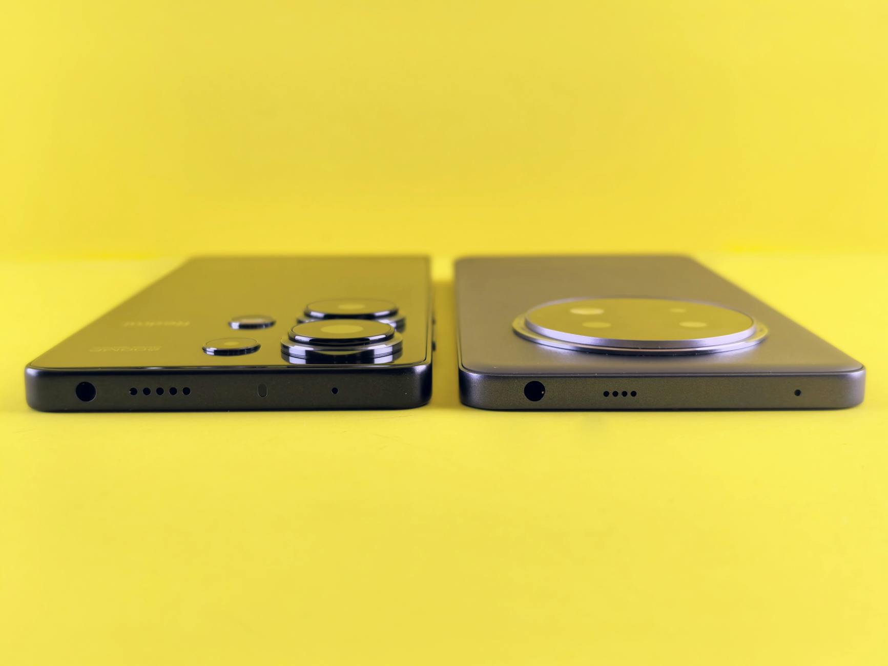 Two smartphones showcased side-by-side against a vibrant yellow background.